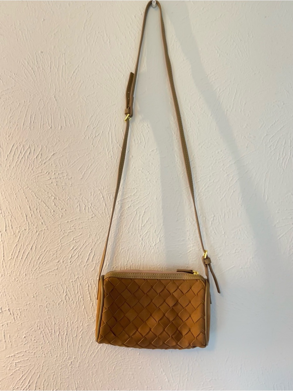 Tan Camel Suede Woven Crossbody Bag